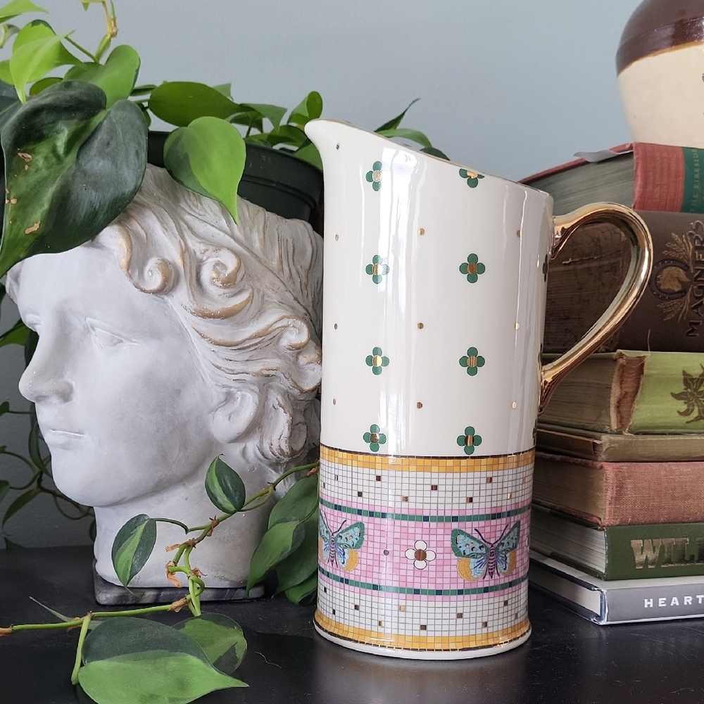 Anthropologie The Bistro Tile Stoneware Pitcher Floral and Butterfly Ceramic